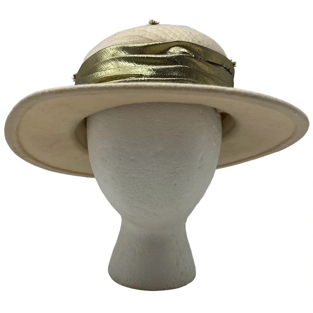 Vintage Michael Howard Designer Hat Cream 100% Wool Felt Hat With Gold Details - Picture 2 of 10